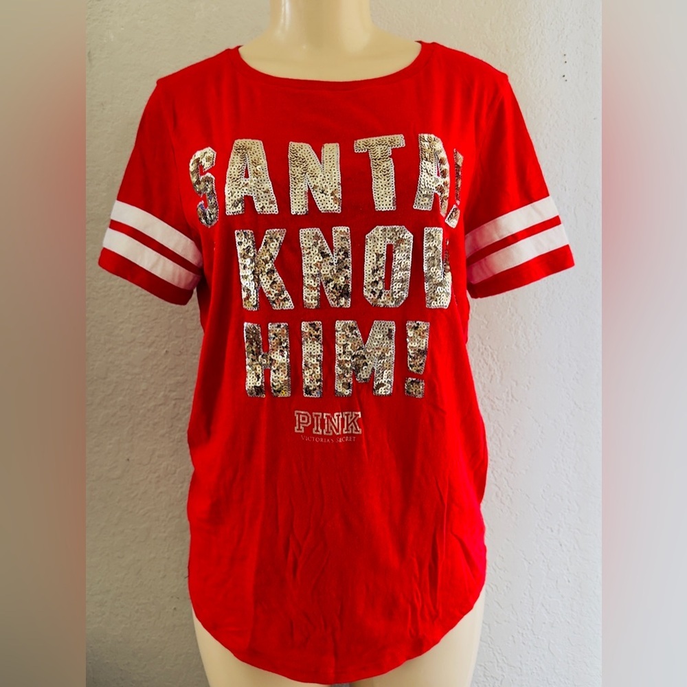 VICTORIAS SECRET PINK RARE CHRISTMAS BLING SEQUIN "SANTA!I KNOW HIM" SCOOPNECK M